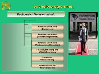 Bachelorprogramme
Fachbereich Volkswirtschaft



               Finanzen und Kredit
                  (Bankwesen)

               Finanzen und Kredit
              (Finanzmanagemenet)


               Finanzen und Kredit
            (Wertpapiere und Investition)

             Finanzbuchhaltung and
               Witschaftsprüfung

                   Theorie der
                  Unternehmung


                Weltwirtschaft und
                 Macroökonomie
 