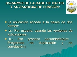 USUARIOS  DE LA BASE DE DATOS  Y  SU ESQUEMA  DE   FUNCIÓN: La aplicación accede a la bases de  dos  formas: a.- Por usuario, usando las  ventanas de  aplicaciones. b.-  Por  proceso  secundario(ejm:  Programas  de  duplicación  y  de correlación). 
