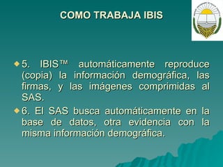 COMO TRABAJA IBIS 5. IBIS™ automáticamente reproduce (copia) la información demográfica, las firmas, y las imágenes comprimidas al SAS. 6. El SAS busca automáticamente en la base de datos, otra evidencia con la misma información demográfica. 