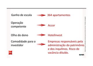 Ganho de escalaGanho de escala 364 apartamentos364 apartamentos
Operação
competente
Operação
competente AccorAccor
Olho do donoOlho do dono HotelInvestHotelInvest
Comodidade para o
investidor
Comodidade para o
investidor
Empresas responsáveis pela
administração do patrimônio
e dos inquilinos. Risco de
vacância diluído.
Empresas responsáveis pela
administração do patrimônio
e dos inquilinos. Risco de
vacância diluído.
MaterialsujeitoaalteraçãoeexclusivoparausointernodaEven.Proibidaadivulgação
 