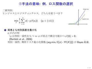 Œ手法の意味: 例. ロス関数の選択
二値判別:
ヒンジロスとロジスティックロス，どちらを使うべき？

             1∑
               n
       min       ϕ(−yi f (xi ))   (yi ∈ {±1})
        f    n
               i=1


1. 両者とも判別誤差を最小化
   ϕ が凸の時
   「ϕ は判別一致性をもつ ⇔ ϕ が原点で微分可能かつ ϕ′ (0) > 0」
    (Bartlett et al., 2006)
   判別一致性: 期待リスク最小化関数 (arg minf E[ϕ(−Yf (X ))]) が Bayes 最適．




                                                       8 / 60
 
