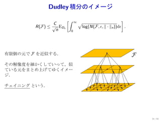 Dudley 積分のイメージ

                       [∫                               ]
               C            ∞   √
        R(F) ≤ √ EDn             log(N(F, ϵ, ∥ · ∥n ))dϵ .
                n       0




有限個の元で F を近似する．

その解像度を細かくしていって，似
ている元をまとめ上げてゆくイメー
ジ．

チェイニング という．




                                                             34 / 60
 