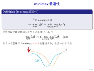 minimax 最適性
.
Deﬁnition (minimax 最適性)
.

                  ˆ
                  f が minimax 最適
                ⇔ max Lθ (f ) = min max Lθ (f )．
                      ¯ ˆ               ¯ ˇ
                    θ∈Θ           ˇ
                                  f :推定量 θ∈Θ
.
学習理論では定数倍を許すことが多い: ∃C で
              max Lθ (f ) ≤ C min max Lθ (f ) (∀n).
                  ¯ ˆ                 ¯ ˇ
              θ∈Θ              ˇ
                               f :推定量 θ∈Θ

そういう意味で「minimax レートを達成する」と言ったりする．

                                                 θ



                     ¹ ^
                     Lµ (f )


                                                      55 / 60
 