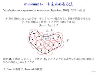 minimax レートを求める方法
Introduction to nonparametric estimation (Tsybakov, 2008) に詳しい記述.


  F を有限個の元で代表させ，そのうち一つ最良なものを選ぶ問題を考える．
         (もとの問題より簡単→リスクの下限を与える)
                {f1 , . . . , fMn } ⊆ F

                                  εn fj


                                                 F



個数 Mn と誤差 εn のトレードオフ: Mn が小さい方が最適な元を選ぶのが簡単に
なるが誤差 εn が大きくなる.

cf. Fano の不等式, Assouad の補題.
                                                                    56 / 60
 