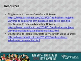 Resources
• Blog tutorial to create a Salesforce Universe:
https://blogs.datadirect.com/2012/05/sap-business-objects-
universe-to-salesforce-crm-database-com-force-com.html
• Blog tutorial to create a Marketing Universe:
https://blogs.datadirect.com/2014/01/sap-business-objects-
universe-marketing-data-eloqua-marketo.html
• Blog tutorial to integrate BO Data Services with Cloud Sources:
https://blogs.datadirect.com/2015/02/sap-bods-linux-
salesforce-com-netsuite.html
 