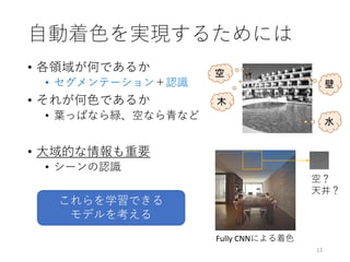 自動着色を実現するためには
• 各領域が何であるか
• セグメンテーション＋認識
• それが何色であるか
• 葉っぱなら緑、空なら青など
• 大域的な情報も重要
• シーンの認識
13
空
木
水
壁
空？
天井？
これらを学習できる
モデルを考える
Fully CNNによる着色
 
