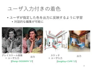 ユーザ入力付きの着色
• ユーザが指定した色を出力に反映するように学習
• 対話的な編集が可能に
18
[Zhang+ SIGGRAPH ’17] [Sangkloy+ CVPR ’17]
グレイスケール画像
＋ ユーザ入力
出力 出力スケッチ
＋ ユーザ入力
 