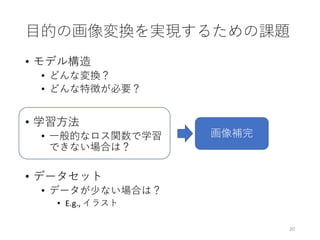 目的の画像変換を実現するための課題
• モデル構造
• どんな変換？
• どんな特徴が必要？
• 学習方法
• 一般的なロス関数で学習
できない場合は？
• データセット
• データが少ない場合は？
• E.g., イラスト
20
画像補完
 