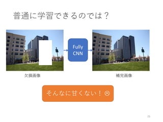 普通に学習できるのでは？
23
欠損画像 補完画像
Fully
CNN
そんなに甘くない！ 
 