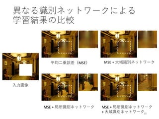 異なる識別ネットワークによる
学習結果の比較
30
入力画像
平均二乗誤差（MSE） MSE + 大域識別ネットワーク
MSE + 局所識別ネットワーク MSE + 局所識別ネットワーク
+ 大域識別ネットワーク
 
