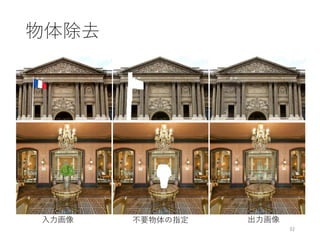 物体除去
32
入力画像 不要物体の指定 出力画像
 