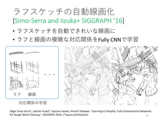 • ラフスケッチを自動できれいな線画に
• ラフと線画の複雑な対応関係をFully CNNで学習
34
ラフスケッチの自動線画化
[Simo-Serra and Iizuka+ SIGGRAPH ’16]
・・・
ラフ 線画
対応関係の学習
Edgar Simo-Serra*, Satoshi Iizuka*, Kazuma Sasaki, Hiroshi Ishikawa. "Learning to Simplify: Fully Convolutional Networks
for Rough Sketch Cleanup", SIGGRAPH 2016. (*equal contribution)
 