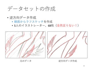 • 逆方向データ作成
• 線画からラフスケッチを作成
• 5人のイラストレーター、68枚（全然足りない！）
36
データセットの作成
元のデータ 逆方向データ作成
 