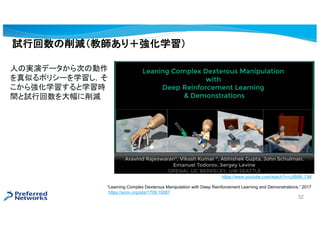 Learning Complex Dexterous Manipulation with Deep Reinforcement Learning and Demonstrations, 2017
https://arxiv.org/abs/1709.10087
ԇлp̎꣫ѧ
ˤΌgݥǩ`Τ΄
Ƥݥꥷ`ѧ
鏊ѧѧr
gԇлp
32
https://www.youtube.com/watch?v=jJtBll8l_OM
 