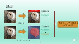 課題
IBIS2020 13
Rabbit 98%
予測
予測
画像分類
セグメンテーション
局所特徴
局所特徴
+
位置情報
学習特徴
学習特徴
このギャップを埋める
学習が必要
 