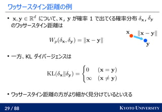 29 / 88 KYOTO UNIVERSITY
ワッサースタイン距離の例

について、 , が確率 1 で出てくる確率分布 ,
のワッサースタイン距離は

一方、KL ダイバージェンスは

ワッサースタイン距離の方がより細かく見分けているといえる
 