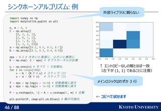 46 / 88 KYOTO UNIVERSITY
シンクホーンアルゴリズム: 例
import numpy as np
import matplotlib.pyplot as plt
n, m = 4, 4
C = np.array([
[0, 2, 2, 2],
[2, 0, 1, 2],
[2, 1, 0, 2],
[2, 2, 2, 0]])
a = np.array([0.2, 0.5, 0.2, 0.1])
b = np.array([0.3, 0.3, 0.4, 0.0])
eps = 0.2 # 大きいと高速に、小さいと厳密に
K = np.exp(- C / eps) # ギブスカーネルの計算
u = np.ones(n) # すべて 1 で初期化
for i in range(100):
v = b / (K.T @ u) # ステップ (2)
u = a / (K @ v) # ステップ (3)
f = eps * np.log(u + 1e-9) # 対数領域に戻す
g = eps * np.log(v + 1e-9) # 対数領域に戻す
P = u.reshape(n, 1) * K * v.reshape(1, m) # 主解
plt.pcolor(P, cmap=plt.cm.Blues) # 解の可視化
← コピペで試せます
メインロジックはわずか 3 行
↑ エントロピーなしの解とほぼ一致
（左下が (1, 1) であることに注意）
外部ライブラリに頼らない
 