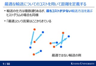 9 / 88 KYOTO UNIVERSITY
最適な輸送についてのコストを用いて距離を定義する

輸送の仕方は複数通りあるが、最もコストが少ない輸送方法を選ぶ
ヒストグラムの場合も同様

「最適」という言葉はここからきている
最適ではない輸送の例
 