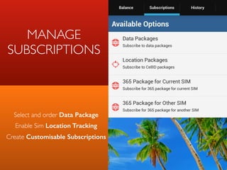 MANAGE
SUBSCRIPTIONS
Select and order Data Package
 
Enable Sim Location Tracking
Create Customisable Subscriptions 
 