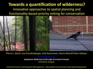 Towards a quantification of wilderness?
     Innovative approaches to spatial planning and
  functionality-based priority setting for conservation




Pierre L. Ibisch, Lisa Freudenberger, Julia Sauermann, Nuria Selva & Peter Hobson
                                 pibisch@hnee.de
                    Symposium Wilderness at the edge of survival in Europe
                                   ECCB 2012, Glasgow

Centre for Econics and Ecosystem Management – Eberswalde University for Sustainable Development
 