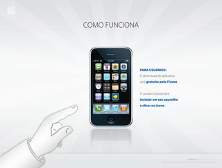 COMO FUNCIONA




                PARA USUÁRIOS:
                O download do aplicativo
                será gratuito pelo iTunes.


                O usuário só precisará
                instalar em seu aparelho
                e clicar no ícone.




                                                                                PROJETO           i BISCOITO         DA SORTE
                                C r i a d o e P r o d u z i d o P o r d e n i s z a n i n i L i ma - d i r e i to s r e s e r va d o s
 