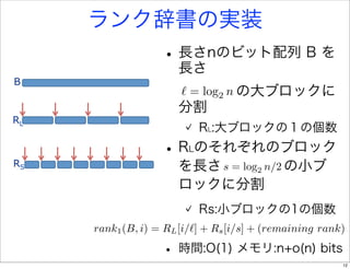 ランク辞書の実装
                   • 長さnのビット配列 B を
                     長さ        
B
                       = log2 n
                          の大ブロックに
                      分割
RL
                             RL:大ブロックの１の個数

RS
                   • R のそれぞれのブロック
                         L

                      を長さ s = log2 n/2 の小ブ
                      ロックに分割
                             Rs:小ブロックの1の個数
     rank1 (B, i) = RL [i/ ] + Rs [i/s] + (remaining rank)

                   • 時間:O(1) メモリ:n+o(n) bits
                                                         12
 