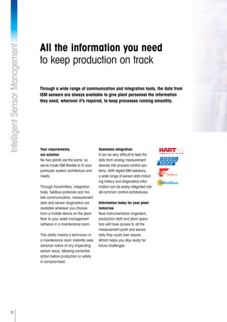 12
IntelligentSensorManagement
All the information you need
to keep production on track
Your requirements,
our solution
No two plants are the same, so
we’ve made ISM flexible to fit your
particular system architecture and
needs.
Through transmitters, integration
tools, fieldbus protocols and mo-
bile communication, measurement
data and sensor diagnostics are
available wherever you choose:
from a mobile device on the plant
floor to your asset management
software in a maintenance room.
This ability means a technician in
a maintenance room instantly sees
advance notice of any impending
sensor issue, allowing corrective
action before production or safety
is compromised.
Seamless integration
It can be very difficult to feed the
data from analog measurement
devices into process control sys-
tems. With digital ISM solutions,
a wide range of sensor data includ-
ing history and diagnostics infor-
mation can be easily integrated into
all common control architectures.
Information today for your plant
tomorrow
Now instrumentation engineers,
production staff and plant opera-
tors will have access to all the
measurement point and sensor
data they could ever require.
Which helps you stay ready for
future challenges.
Through a wide range of communication and integration tools, the data from
ISM sensors are always available to give plant personnel the information
they need, wherever it’s required, to keep processes running smoothly.
 