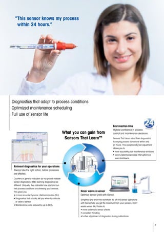 7
“This sensor knows my process
within 24 hours.”
Diagnostics that adapt to process conditions
Optimized maintenance scheduling
Full use of sensor life
Relevant diagnostics for your operations
Always take the right action, before processes
are affected.
Counters or generic indicators do not provide reliable
sensor diagnostics. ISM’s learning diagnostics are
different. Uniquely, they calculate how past and cur-
rent process conditions are stressing your sensors.
This gives you:
• A more accurate Dynamic Lifetime Indicator (DLI)
• Diagnostics that actually tell you when to calibrate
or clean a sensor
• Maintenance costs reduced by up to 80 %
What you can gain from
Sensors That Learn™
Fast reaction time
Highest confidence in process
control and maintenance decisions.
Sensors That Learn adapt their diagnostics
to varying process conditions within only
24 hours. This exceptionally fast adjustment
allows you to
• more accurately plan maintenance windows
• avoid unplanned process interruptions or
even shutdowns.
Never waste a sensor
Optimize sensor yield with iSense
Simplified and error-free workflows for off-line sensor operations
with iSense help you get the maximum from your sensors. Don’t
waste sensor life, thanks to
• more systematic sensor checks
• consistent handling
• further adjustment of diagnostics during calibrations.
 