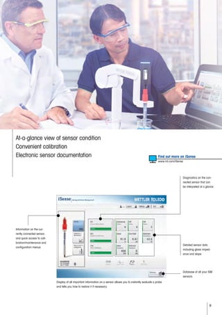 9
At-a-glance view of sensor condition
Convenient calibration
Electronic sensor documentation
Display of all important information on a sensor allows you to instantly evaluate a probe
and tells you how to restore it if necessary.
	 Find out more on iSense
	 www.mt.com/iSense
Information on the cur-
rently connected sensor,
and quick access to cali-
bration/maintenance and
configuration menus
Detailed sensor data
including glass imped-
ance and slope
Database of all your ISM
sensors
Diagnostics on the con-
nected sensor that can
be interpreted at a glance
 