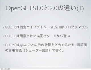 OpenGL ES1.0と2.0の違い(1)

  • GLES1.0は固定パイプライン、GLES2.0はプログラマブル


  • GLES1.0は用意された描画パターンから選ぶ


  • GLES2.0は1pixelごとの色の計算をどうするかをC言語風

     の専用言語（シェーダー言語）で書く。




12年4月28日土曜日
 