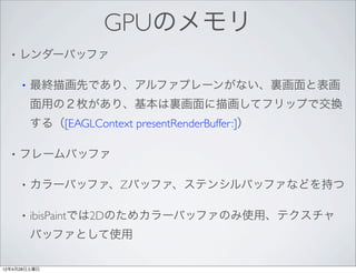GPUのメモリ
  •   レンダーバッファ

      •   最終描画先であり、アルファプレーンがない、裏画面と表画
          面用の２枚があり、基本は裏画面に描画してフリップで交換
          する（[EAGLContext presentRenderBuffer:]）

  •   フレームバッファ

      •   カラーバッファ、Zバッファ、ステンシルバッファなどを持つ

      •   ibisPaintでは2Dのためカラーバッファのみ使用、テクスチャ
          バッファとして使用

12年4月28日土曜日
 
