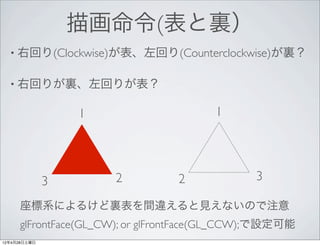 描画命令(表と裏）
  • 右回り(Clockwise)が表、左回り(Counterclockwise)が裏？


  • 右回りが裏、左回りが表？


                  1                    1




              3       2         2             3

     座標系によるけど裏表を間違えると見えないので注意
     glFrontFace(GL_CW); or glFrontFace(GL_CCW);で設定可能
12年4月28日土曜日
 