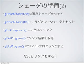 シェーダの準備(2)
  • glAttachShader(vsh); //頂点シェーダをセット


  • glAttachShader(fsh); //フラグメントシェーダをセット


  • glLinkProgmram(); //vshとfshをリンク


  • glGetProgramiv(); //リンク結果を取得


  • glUseProgram(); //カレントプログラムとする



               なんとリンクもする！
12年4月28日土曜日
 