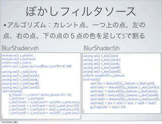 ぼかしフィルタソース
  •アルゴリズム：カレント点、一つ上の点、左の
  点、右の点、下の点の５点の色を足して5で割る
BlurShader.vsh                                               BlurShader.fsh
attribute vec2 a_position;                                 varying vec2 v_texCoord;
attribute vec2 a_texCoord;                                 varying vec2 v_texCoordU;
uniform mat4 u_matrix;                                     varying vec2 v_texCoordL;
uniform vec2 u_pixel_tex;//1pxがtex coordでいくつか              varying vec2 v_texCoordR;
varying vec2 v_texCoord;                                   varying vec2 v_texCoordD;
varying vec2 v_texCoordU;                                  uniform sampler2D u_texture;
varying vec2 v_texCoordL;                                  void main(){
varying vec2 v_texCoordR;                                  	

  vec4 tex = texture2D(u_texture, v_texCoord);
varying vec2 v_texCoordD;                                  	

  vec4 texU = texture2D(u_texture, v_texCoordU);
void main(void){                                           	

  vec4 texL = texture2D(u_texture, v_texCoordL);
	

  gl_Position = u_matrix * vec4(a_position, 0.0, 1.0);  	

  vec4 texR = texture2D(u_texture, v_texCoordR);
	

  v_texCoord = a_texCoord;                              	

  vec4 texD = texture2D(u_texture, v_texCoordD);
	

  v_texCoordU = a_texCoord + vec2(0.0, -u_pixel_tex.y); 	

  vec4 tex2 = tex + texU + texL + texR + texD;
	

  v_texCoordL = a_texCoord + vec2(-u_pixel_tex.x, 0.0); 	

  gl_FragColor = tex2 / 5.0;
	

  v_texCoordR = a_texCoord + vec2( u_pixel_tex.x, 0.0);
                                                           }
	

   v_texCoordD = a_texCoord + vec2(0.0, u_pixel_tex.y);
}
12年4月28日土曜日
 