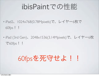 ibisPaintǤ
  ? iPad21024x768(0.78Mpixels)ǡ쥤`6ö

     60fps

  ? iPad      (3rd Gen)2048x1536(3.14Mpixels)ǡ쥤`6ö
     60fps



                60fpsؤ裡

12428
 