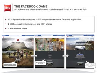 THE FACEBOOK GAME
An echo to the video platform on social networks and a sucess for ibis
15
 10 115 participants among the 18 535 unique visitors on the Facebook application
 2 646 Facebook invitations sent and 1 051 shares
 2 minutes time spent
Home page presenting the game
and the prizes (5 level of gifts)
6 questions based on
the mini-film Game participants can play
as much as they want
to improve their chances
of winning
 