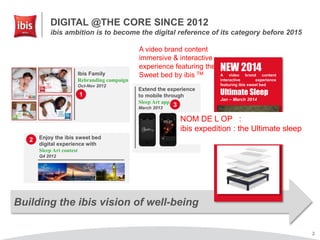 Building the ibis vision of well-being
2
DIGITAL @THE CORE SINCE 2012
ibis ambition is to become the digital reference of its category before 2015
Ibis Family
Rebranding campaign
Oct-Nov 2012
1
Enjoy the ibis sweet bed
digital experience with
Sleep Art contest
Q4 2012
2
Extend the experience
to mobile through
Sleep Art app
March 2013
3
A video brand content
interactive experience
featuring ibis sweet bed
Ultimate Sleep
Jan – March 2014
NEW 2014
A video brand content
immersive & interactive
experience featuring the
Sweet bed by ibis TM
NOM DE L OP :
ibis expedition : the Ultimate sleep
 