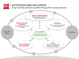 7
ACTIVATION AND INFLUENCE
A high visibility potential amplified through PR & media activation
ibis expedition
The Ultimate Sleep at
the Devil’s Mountain
Twitter: #ibisexpedition
teasing tweets of the crew
since October 18th
Instagram:
The account became public
on January 20th
Vice:
benefits from their mag,
vice.com and Facebook ->
international network
Each member of
the expedition
Partnership with
Columbia
benefits from their PR and
Facebook
PR / e-PR /
bloggers
Paid Media
 