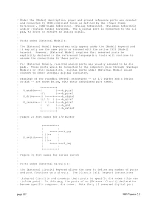 |   Under the [Model] description, power and ground reference ports are created
|   and connected by IBIS-compliant tools as defined by the [Power Clamp
|   Reference], [GND Clamp Reference], [Pullup Reference], [Pulldown Reference]
|   and/or [Voltage Range] keywords. The A_signal port is connected to the die
|   pad, to drive or receive an analog signal.
|
|
|   Ports under [External Model]s:
|
|   The [External Model] keyword may only appear under the [Model] keyword and
|   it may only use the same ports as assumed with the native IBIS [Model]
|   keyword. However, [External Model] requires that reserved ports be
|   explicitly declared in the referenced language(s); tools will continue to
|   assume the connections to these ports.
|
|   For [External Model], reserved analog ports are usually assumed to be die
|   pads. These ports would be connected to the component pins through [Package
|   Model]s or [Pin] parasitics. Digital ports under [External Model] would
|   connect to other internal digital circuitry.
|
|   Drawings of two standard [Model] structures -- an I/O buffer and a Series
|   Switch -- are shown below, with their associated port names.
|
|               +---------+
|    D_enable---|         |---A_puref
|               ||       |---A_pcref
|    D_drive----|| >----+-----A_signal
|               ||/ /| | |---A_gcref
|    D_receive--| < |--+ |---A_pdref
|               |   |    |---A_gnd
|               |         |---A_extref
|               +---------+
|
|   Figure 2: Port names for I/O buffer
|
|
|                +---------+
|                |         |
|                |    +----|---A_pos
|                | ||-+    |
|    D_switch----| ||      |
|                | ||-+    |
|                |    +----|---A_neg
|                |         |
|                +---------+
|
|   Figure 3: Port names for series switch
|
|
|   Ports under [External Circuit]s:
|
|   The [External Circuit] keyword allows the user to define any number of ports
|   and port functions on a circuit. The [Circuit Call] keyword instantiates

| [External Circuit]s and connects their ports to specific die nodes (this can
| include pads). In this way, the ports of an [External Circuit] declaration
| become specific component die nodes. Note that, if reserved digital port


page 102                                                              IBIS Version 5.0
 