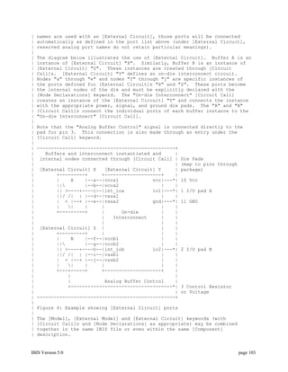 |   names are used with an [External Circuit], those ports will be connected
|   automatically as defined in the port list above (under [External Circuit],
|   reserved analog port names do not retain particular meanings).
|
|   The diagram below illustrates the use of [External Circuit]. Buffer A is an
|   instance of [External Circuit] "X". Similarly, Buffer B is an instance of
|   [External Circuit] "Z". These instances are created through [Circuit
|   Call]s. [External Circuit] "Y" defines an on-die interconnect circuit.
|   Nodes "a" through "e" and nodes "f" through "j" are specific instances of
|   the ports defined for [External Circuit]s "X" and "Z". These ports become
|   the internal nodes of the die and must be explicitly declared with the
|   [Node Declarations] keyword. The "On-die Interconnect" [Circuit Call]
|   creates an instance of the [External Circuit] "Y" and connects the instance
|   with the appropriate power, signal, and ground die pads. The "A" and "B"
|   [Circuit Call]s connect the individual ports of each buffer instance to the
|   "On-die Interconnect" [Circuit Call].
|
|   Note that the "Analog Buffer Control" signal is connected directly to the
|   pad for pin 3. This connection is also made through an entry under the
|   [Circuit Call] keyword.
|
|   -------------------------------------------------+
|      Buffers and interconnect instantiated and     |
|    internal nodes connected through [Circuit Call] |   Die Pads
|                                                    |   (map to pins through
|    [External Circuit] X   [External Circuit] Y     |   package)
|          +---------+     +--------------------+    |
|          |    A    |--a--|vcca1            vcc|---*|   10 Vcc
|          ||       |--b--|vcca2               |    |
|          || >----+----c--|int_ioa          io1|---*|   1 I/O pad A
|          ||/ /| | |--d--|vssa1                |    |
|          | < |--+ |--e--|vssa2             gnd|---*|   11 GND
|          |   |    |     |                    |    |
|          +---------+     |      On-die        |    |
|                          |   Interconnect     |    |
|                          |                    |    |
|    [External Circuit] Z |                     |    |
|          +---------+     |                    |    |
|          |    B    |--f--|vccb1               |    |
|          ||       |--g--|vccb2               |    |
|          || >----+----h--|int_iob          io2|---*|   2 I/O pad B
|          ||/ /| | |--i--|vssb1                |    |
|          | < |--+ |--j--|vssb2                |    |
|          |   |    |     |                    |    |
|          +---+-----+     +--------------------+    |
|              |                                     |
|              |            Analog Buffer Control    |
|              +------------------------------------*|   3 Control Resistor
|                                                    |   or Voltage
|   -------------------------------------------------+
|
|   Figure 4: Example showing [External Circuit] ports
|
|   The [Model], [External Model] and [External Circuit] keywords (with
|   [Circuit Call]s and [Node Declarations] as appropriate) may be combined
|   together in the same IBIS file or even within the same [Component]
|   description.


IBIS Version 5.0                                                                page 103
 
