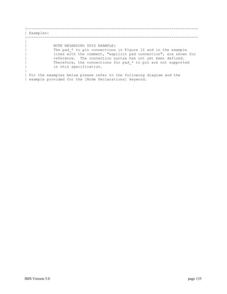 |-----------------------------------------------------------------------------
| Examples:
|-----------------------------------------------------------------------------
|
|            NOTE REGARDING THIS EXAMPLE:
|            The pad_* to pin connections in Figure 12 and in the example
|            lines with the comment, "explicit pad connection", are shown for
|            reference. The connection syntax has not yet been defined.
|            Therefore, the connections for pad_* to pin are not supported
|            in this specification.
|
| For the examples below please refer to the following diagram and the
| example provided for the [Node Declarations] keyword.




IBIS Version 5.0                                                         page 135
 