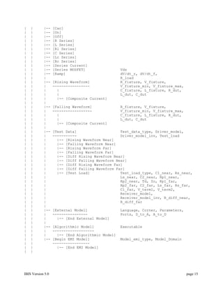 |   |       |--    [Cac]
|   |       |--    [On]
|   |       |--    [Off]
|   |       |--    [R Series]
|   |       |--    [L Series]
|   |       |--    [Rl Series]
|   |       |--    [C Series]
|   |       |--    [Lc Series]
|   |       |--    [Rc Series]
|   |       |--    [Series Current]
|   |       |--    [Series MOSFET]                 Vds
|   |       |--    [Ramp]                          dV/dt_r, dV/dt_f,
|   |       |                                      R_load
|   |       |--    [Rising Waveform]               R_fixture, V_fixture,
|   |       |      -----------------               V_fixture_min, V_fixture_max,
|   |       |        |                             C_fixture, L_fixture, R_dut,
|   |       |        |                             L_dut, C_dut
|   |       |        |-- [Composite Current]
|   |       |
|   |       |--    [Falling Waveform]              R_fixture, V_fixture,
|   |       |      ------------------              V_fixture_min, V_fixture_max,
|   |       |        |                             C_fixture, L_fixture, R_dut,
|   |       |        |                             L_dut, C_dut
|   |       |        |-- [Composite Current]
|   |       |
|   |       |--    [Test Data]                    Test_data_type, Driver_model,
|   |       |      -----------                    Driver_model_inv, Test_load
|   |       |        |-- [Rising Waveform Near]
|   |       |        |-- [Falling Waveform Near]
|   |       |        |-- [Rising Waveform Far]
|   |       |        |-- [Falling Waveform Far]
|   |       |        |-- [Diff Rising Waveform Near]
|   |       |        |-- [Diff Falling Waveform Near]
|   |       |        |-- [Diff Rising Waveform Far]
|   |       |        |-- [Diff Falling Waveform Far]
|   |       |        |-- [Test Load]              Test_load_type, C1_near, Rs_near,
|   |       |                                     Ls_near, C2_near, Rp1_near,
|   |       |                                     Rp2_near, Td, Zo, Rp1_far,
|   |       |                                     Rp2_far, C2_far, Ls_far, Rs_far,
|   |       |                                     C1_far, V_term1, V_term2,
|   |       |                                     Receiver_model,
|   |       |                                     Receiver_model_inv, R_diff_near,
|   |       |                                     R_diff_far
|   |       |
|   |       |--    [External Model]                Language, Corner, Parameters,
|   |       |      ----------------                Ports, D_to_A, A_to_D
|   |       |        |-- [End External Model]
|   |       |
|   |       |--    [Algorithmic Model]             Executable
|   |       |      -------------------
|   |       |        |-- [End Algorithmic Model]
|   |       |--    [Begin EMI Model]               Model_emi_type, Model_Domain
|   |              -----------------
|   |                |-- [End EMI Model]
|   |




IBIS Version 5.0                                                                   page 15
 