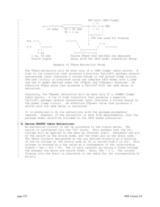 |                                            DUT with [GND Clamp]
|                            ____________       | /|
|               o---///--O____________)---o--|< |--o GND
|                  10 ohms    Z0 = 50 ohm    | | | |
|                             TD = 1 ns      |        |
|                                            |-///-|
|                                            | 500 ohm Load for Probing
|     Vcc ---                 ------       |
|                                          o      /--
|     0 V      ------                            /    -------
|            | |                        ---------/
|            1 ns                   |<----------->|
|        1 ns, 10 ohm             Choose TTgnd that matches the measured
|        Source Signal            delay with the IBIS model simulation delay
|
|                      Example of TTgnd Extraction Setup
|
|    The TTgnd extraction will be done only if a [GND Clamp] table exists. A
|    high to low transition that produces a positive "glitch", perhaps several
|    nanoseconds later indicates a stored charge in the ground clamp circuit.
|    The test circuit is simulated using the complete IBIS model with C_comp
|    and the Ct model defined under the [TTgnd] and [TTpower] keywords. An
|    effective TTgnd value that produces a "glitch" with the same delay is
|    extracted.
|
|    Similarly, the TTpower extraction will be done only if a [POWER Clamp]
|    table exists. A low to high transition that produces a negative
|    "glitch", perhaps several nanoseconds later indicates a stored charge in
|    the power clamp circuit. An effective TTpower value that produces a
|    glitch with the same delay is extracted.
|
|    It is preferred to do the extractions with the package parameters
|    removed. However, if the extraction is done from measurements, then the
|    package model should be included in the IBIS based simulation.
|
| 5) Series MOSFET Table Extractions:
|    An extraction circuit is set up according to the figure below. The
|    switch is configured into the 'On' state. This assumes that the Vcc
|    voltage will be applied to the gate by internal logic. Designate one pin
|    of the switch as the source node, and the other pin as the drain node.
|    The Table Currents designated as Ids are derived directly as a function
|    of the Vs voltage at the source node as Vs is varied from 0 to Vcc. This
|    voltage is entered as a Vgs value as a consequence of the relationship
|    Vtable = Vgs = Vcc - Vs. Vds is held constant by having a fixed voltage
|    Vds between the drain and source nodes. Note, Vds > 0 V. The current
|    flowing into the drain is tabulated in the table for the corresponding Vs
|    points.




page 178                                                            IBIS Version 5.0
 