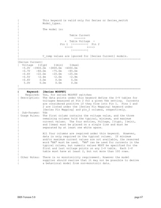|               This keyword is valid only for Series or Series_switch
|               Model_types.
|
|               The model is:
|
|                                Table Current
|                                   ------>
|                             + Table Voltage -
|                          Pin 1 |---------| Pin 2
|                             <---+         +--->
|                                 |---------|
|
|               C_comp values are ignored for [Series Current] models.
|-----------------------------------------------------------------------------
[Series Current]
| Voltage    I(typ)    I(min)    I(max)
   -5.0V -3900.0m -3800.0m -4000.0m
   -0.7V    -80.0m    -75.0m    -85.0m
   -0.6V    -22.0m    -20.0m    -25.0m
   -0.5V     -2.4m     -2.0m     -2.9m
   -0.4V      0.0m      0.0m      0.0m
    5.0V      0.0m      0.0m      0.0m
|
|=============================================================================
|     Keyword: [Series MOSFET]
|    Required: Yes, for series MOSFET switches
| Description: The data points under this keyword define the I-V tables for
|               voltages measured at Pin 2 for a given Vds setting. Currents
|               are considered positive if they flow into Pin 1. Pins 1 and
|               2 are listed under the [Series Pin Mapping] keyword under
|               [Series Pin Mapping] and pin_2 columns, respectively.
| Sub-Params: Vds
| Usage Rules: The first column contains the voltage value, and the three
|               remaining columns hold the typical, minimum, and maximum
|               current values. The four entries, Voltage, I(typ), I(min),
|               and I(max) must be placed on a single line and must be
|               separated by at least one white space.
|
|               All four columns are required under this keyword. However,
|               data is only required in the typical column. If minimum
|               and/or maximum current values are not available, the reserved
|               word "NA" must be used. "NA" can be used for currents in the
|               typical column, but numeric values MUST be specified for the
|               first and last voltage points on any I-V table. Each I-V
|               table must have at least 2, but not more than 100 rows.
|
| Other Notes: There is no monotonicity requirement. However the model
|               supplier should realize that it may not be possible to derive
|               a behavioral model from non-monotonic data.




IBIS Version 5.0                                                          page 67
 