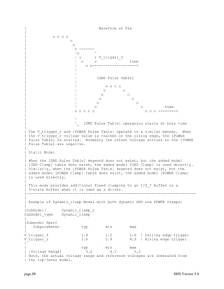 |                                 Waveform at Die
|
|            o o o o
|                    o
|                     o
|                      o -------
|                      |o       ^
|                      | o      | V_trigger_f
|                      | o      v               time
|                      |    o o-------------------->
|                      |
|                      |
|                      |         [GND Pulse Table]
|                      |
|                      |             o o o o
|                      |            o        o
|                      |           o           o
|                      |          o              o
|                      |         o                 o
|                      |        o                    o          time
|                      o o o o o                       o o o -------->
|
|                      ^
|                      |_ [GND Pulse Table] operation starts at this time
|
| The V_trigger_r and [POWER Pulse Table] operate in a similar manner. When
| the V_trigger_r voltage value is reached on the rising edge, the [POWER
| Pulse Table] is started. Normally the offset voltage entries in the [POWER
| Pulse Table] are negative.
|
| Static Mode:
|
| When the [GND Pulse Table] keyword does not exist, but the added model
| [GND Clamp] table does exist, the added model [GND Clamp] is used directly.
| Similarly, when the [POWER Pulse Table] keyword does not exist, but the
| added model [POWER Clamp] table does exist, the added model [POWER Clamp]
| is used directly.
|
| This mode provides additional fixed clamping to an I/O_* buffer or a
| 3-state buffer when it is used as a driver.
|-----------------------------------------------------------------------------
|
| Example of Dynamic_clamp Model with both dynamic GND and POWER clamps:
|
[Submodel]       Dynamic_Clamp_1
Submodel_type    Dynamic_clamp
|
[Submodel Spec]
|   Subparameter          typ        min        max
|
V_trigger_f               1.4        1.2        1.6 | Falling edge trigger
V_trigger_r               3.6        2.9        4.3 | Rising edge trigger
|
|                         typ        min        max
| [Voltage Range]           5.0        4.5        5.5
| Note, the actual voltage range and reference voltages are inherited from
| the top-level model.


page 88                                                             IBIS Version 5.0
 