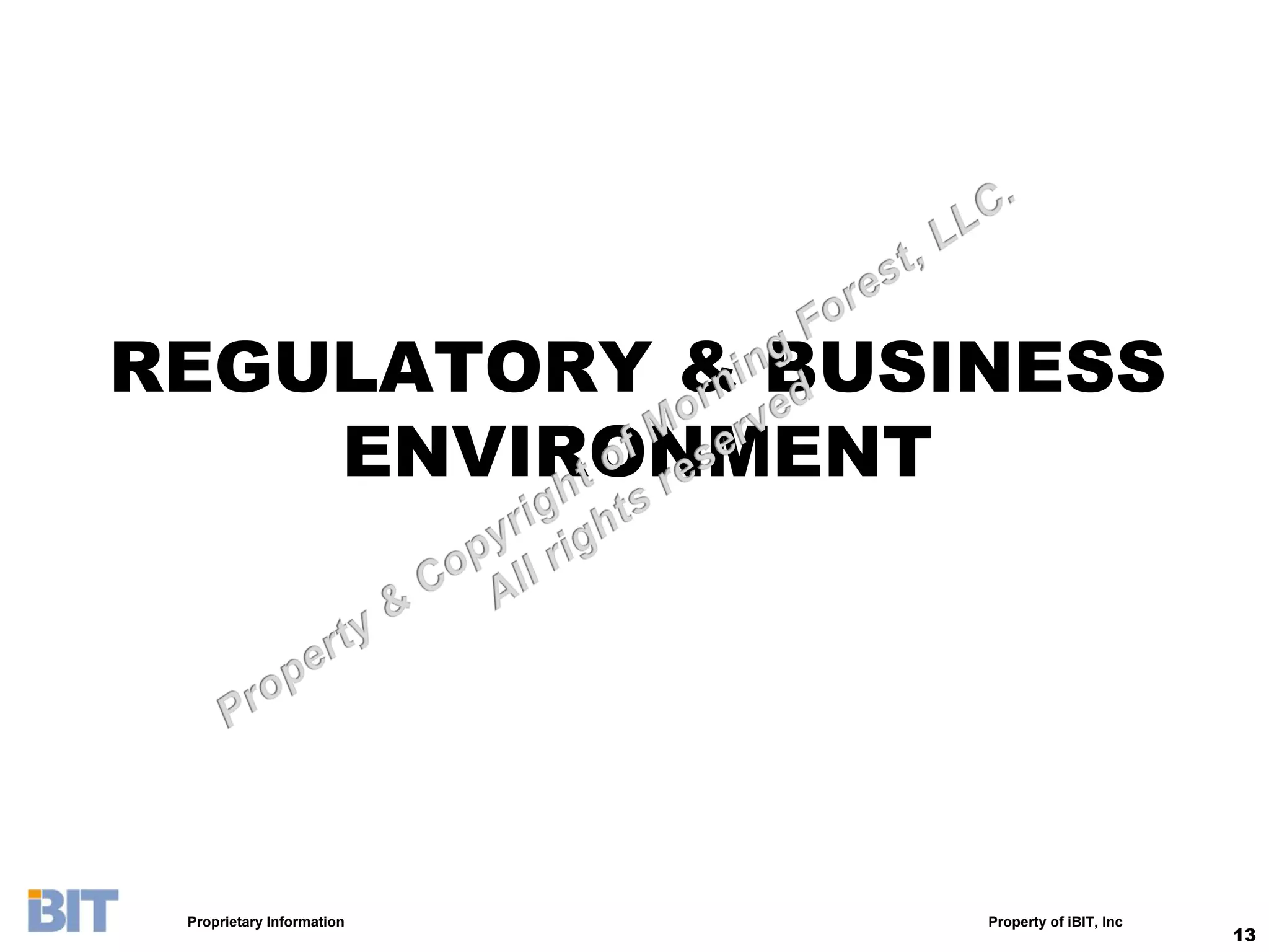 REGULATORY & BUSINESS
    ENVIRONMENT




 Proprietary Information   Property of iBIT, Inc
                                                   13
 