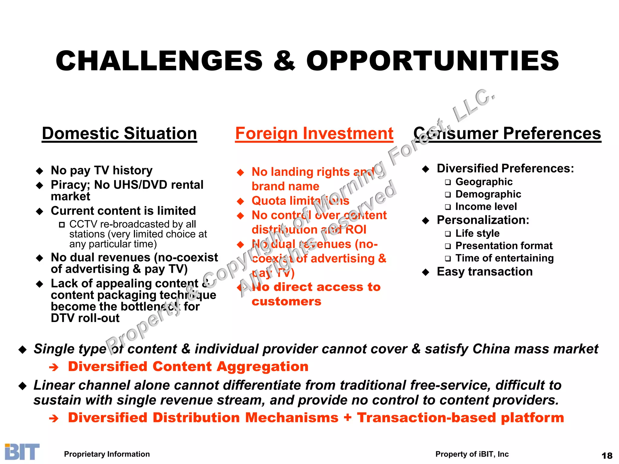 CHALLENGES & OPPORTUNITIES

     Domestic Situation                         Foreign Investment             Consumer Preferences

       No pay TV history                          No landing rights and         Diversified Preferences:
       Piracy; No UHS/DVD rental                   brand name                          Geographic
        market                                                                          Demographic
                                                   Quota limitations                   Income level
       Current content is limited                 No control over content
            CCTV re-broadcasted by all                                           Personalization:
             stations (very limited choice at       distribution and ROI                Life style
             any particular time)                  No dual revenues (no-               Presentation format
       No dual revenues (no-coexist                coexist of advertising &            Time of entertaining
        of advertising & pay TV)                    pay TV)                       Easy transaction
       Lack of appealing content &                No direct access to
        content packaging technique
        become the bottleneck for                   customers
        DTV roll-out

   Single type of content & individual provider cannot cover & satisfy China mass market
       Diversified Content Aggregation
   Linear channel alone cannot differentiate from traditional free-service, difficult to
    sustain with single revenue stream, and provide no control to content providers.
       Diversified Distribution Mechanisms + Transaction-based platform


          Proprietary Information                                                  Property of iBIT, Inc        18
 