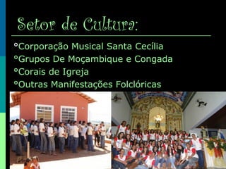 Setor de Cultura:
°Corporação Musical Santa Cecília
°Grupos De Moçambique e Congada
°Corais de Igreja
°Outras Manifestações Folclóricas
 