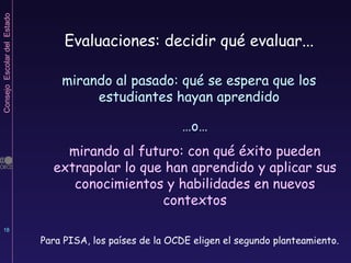 Evaluaciones: decidir qué evaluar... mirando al pasado: qué se espera que los estudiantes hayan aprendido … o… mirando al futuro: con qué éxito pueden extrapolar lo que han aprendido y aplicar sus conocimientos y habilidades en nuevos contextos Para PISA, los países de la OCDE eligen el segundo planteamiento. 