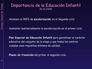 Importancia de la Educación Infantil  26.VI.2008 Alcanzar el 100% de  escolarización  en el Segundo ciclo Aumentar sustancialmente la escolarización en el primer ciclo Plan Especial de Educación Infantil  para garantizar el carácter educativo del conjunto de la etapa y que todos los centros cumplan unos requisitos mínimos de calidad. Planes de transición  del primer al segundo ciclo. 